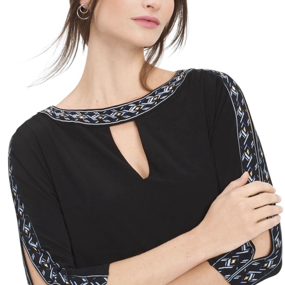 White House Black Market black split sleeve dress with embroidery size small - Picture 6 of 11